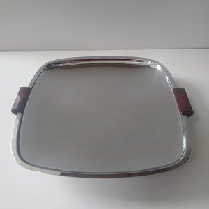 MCM Chrome Serving Tray Cherry Red Bakelite Handles & Footings Art Deco Party